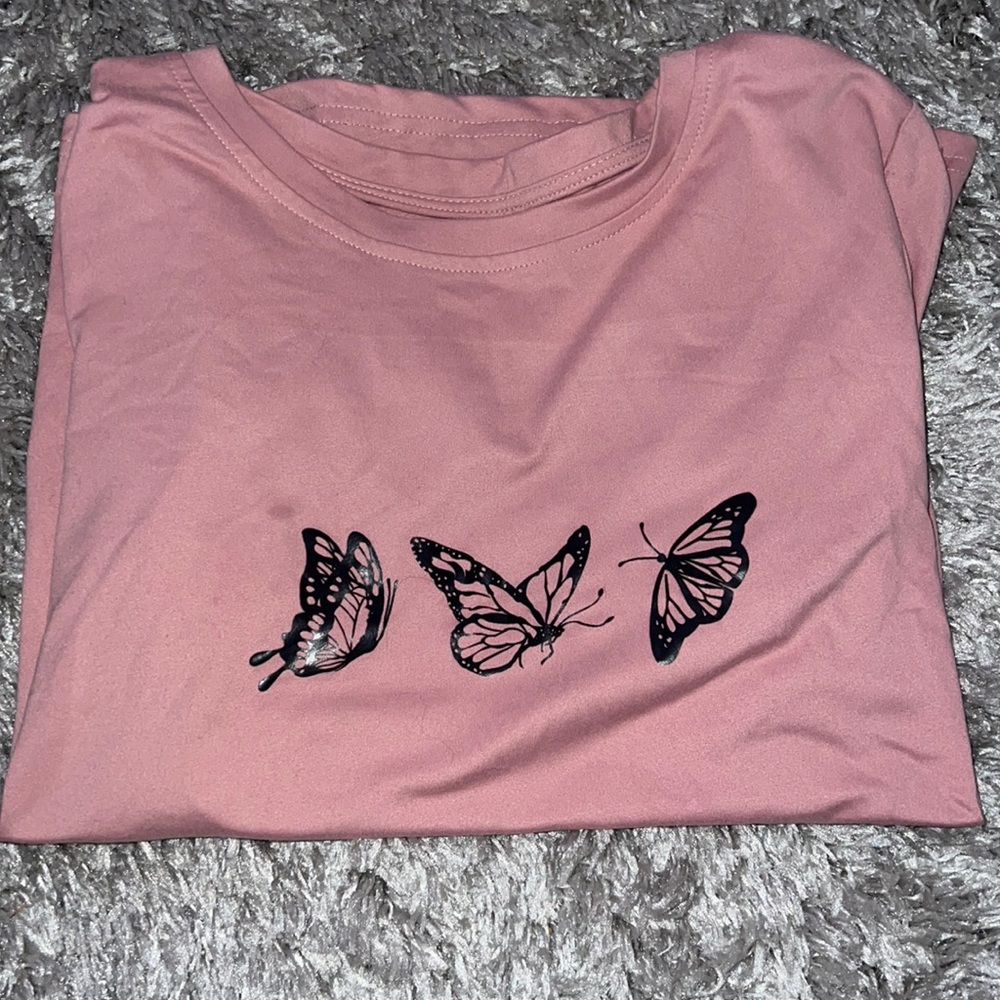 SHEIN, pink butterfly shirt sleeve shirt size L fits like a M